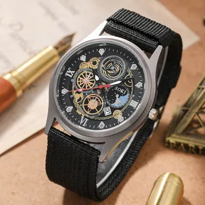 SOKI Men's Industrial Style Watch with Black Canvas Strap and Skeleton Dial
