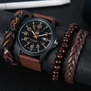 Militär-Quarzuhr Set für Herren mit braunem Nylonband und Leder-Perlenarmbändern