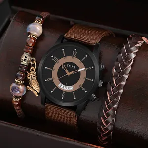 Coffret montre homme à quartz avec bracelet en tissu marron, perles hibou et cuir tressé