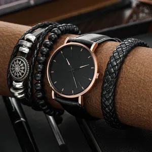 Fashionable men's quartz watch set with black leather strap and beaded bracelets