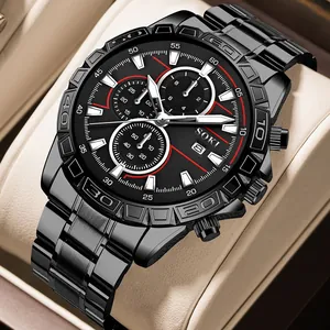 SOKI men's black stainless steel business quartz watch with three sub-dials and date window