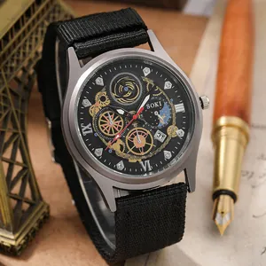 SOKI Men's Quartz Watch With Canvas Nylon Strap Fashion Casual Calendar Mechanical Style Alloy Case Round Analog Wristwatch Gift
