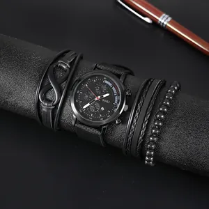 SOKI black military quartz watch set with four matching leather and beaded bracelets for men