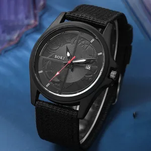SOKI men outdoor quartz watch with black canvas strap and mechanical textured dial