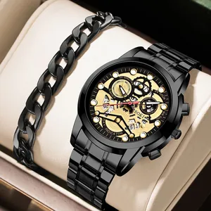 Men's Business Quartz Watch And Bracelet Set Stainless Steel Band Alloy Case Waterproof Multi-Dial Chronograph Date Wristwatch