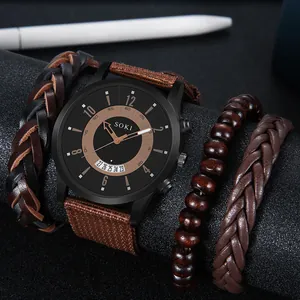 Montre SOKI à quartz pour homme avec bracelet en nylon marron et bracelets en cuir