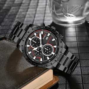 All-black SOKI men's chronograph business watch with metal strap on leather notebook