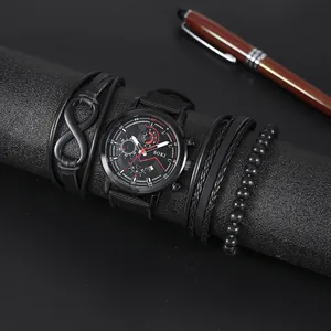 SOKI Men Casual Military Quartz Watch Bracelet Set Black Canvas Strap Calendar Watch With Leather Braided Infinity Beaded Bracelets
