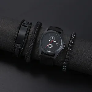 Men's Fashion Quartz Watch Set With Calendar Function Nylon Strap Braided Faux Leather Wood Bead Bracelets Casual Wristwatch Jewelry Set