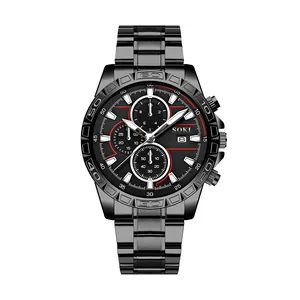 Men's SOKI sports quartz watch in black steel with red accents and calendar display