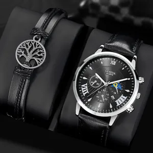 GENEVA Men Business Quartz Watch Silver Alloy Case Black PU Leather Strap Date Window And Black Braided Tree Of Life Bracelet