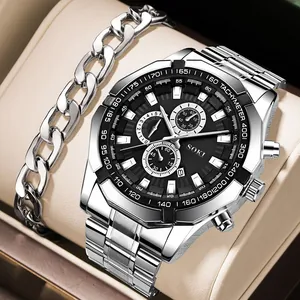 Men's Business Quartz Watch And Bracelet Set Stainless Steel Strap Alloy Case Chronograph Dial Fashion Wristwatch