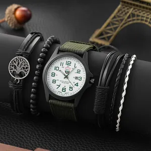Militär-Quarzuhr für Herren mit Nylonband und vier passenden schwarzen Lederarmbändern