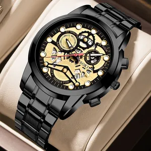 Macro view of SOKI black and gold men's watch with functional sub-dials and metal band
