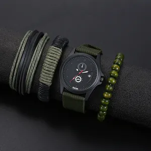 Men's fashion watch set with olive green nylon strap and multi-layer leather bracelets