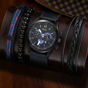 SOKI Men Quartz Watch And Bracelet Set Alloy Case Canvas Strap Military Casual Wristwatch With Calendar Fashion Male Jewelry