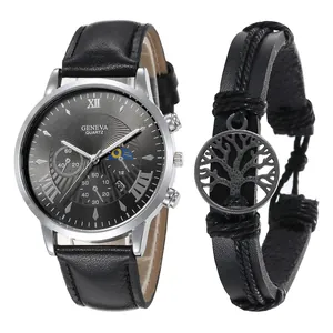 Men's silver quartz watch with black leather strap and tree of life bracelet set