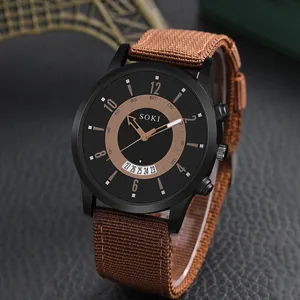 Montre à quartz pour homme avec bracelet en nylon marron, date et boîtier noir mat