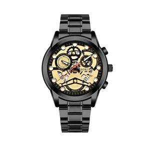 Detail view of SOKI quartz watch with black stainless steel band and gold skeleton dial