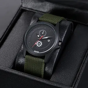 Men military style quartz watch with black dial and green nylon strap in gift box