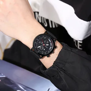 SOKI men's casual quartz watch with black nylon strap and multifunctional chronograph dial