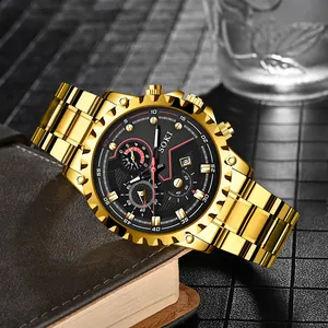 SOKI men's business quartz watch with gold stainless steel strap and black chronograph dial