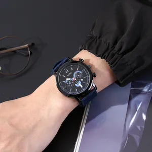 SOKI men's casual military sport watch with blue nylon strap and black chronograph dial