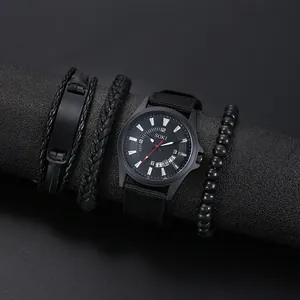 SOKI military black quartz watch with date and matching men's bracelet set accessory