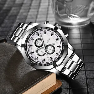 Business men's stainless steel watch with white dial and three sub-dials on leather