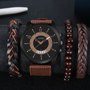 Ensemble Montre à Quartz Décontractée pour Hommes Calendrier à la Mode Avec Ensemble de Bracelets en Cuir Tressé et Perles en Bois