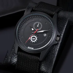 SOKI Men's matte black quartz watch with red second hand and black nylon fabric strap