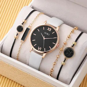 Montre à Quartz Mode pour Femmes Avec Bracelet en Cuir PU Cadran à Chiffres Romains et Ensemble de Bracelets de Bijoux Assortis pour Dames