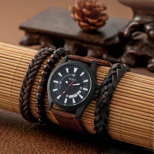 SOKI men's casual quartz watch with brown canvas strap and three braided bracelets set