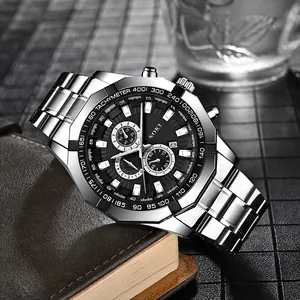 SOKI men's chronograph business watch with silver stainless steel strap and black dial