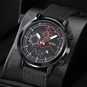 SOKI men's black quartz military watch with canvas strap and calendar on display