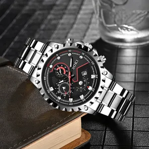 SOKI men's silver stainless steel business watch with black multi-functional dial