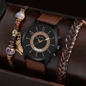 Coffret montre SOKI quartz pour homme avec bracelet toile, calendrier et bracelets