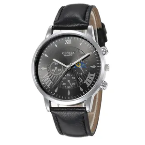 Men's business quartz watch with black leather strap and silver case on white background