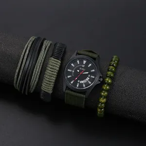 SOKI Men Quartz Watch Bracelet Calendar Canvas Strap Alloy Case Wristwatch Including Fashion Braided Leather Bracelets