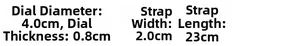 Detailed size chart for Geneva minimalist men's watch showing dial and strap dimensions
