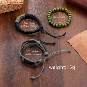 Three-piece set of men's vintage leather and green wood bead bracelets with size details