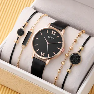 Coffret de montre à quartz et bracelets pour femme, 5 pièces avec bracelet en cuir