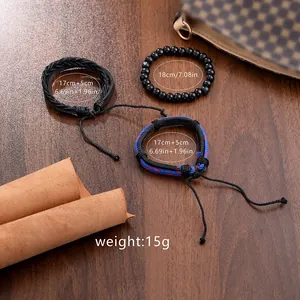 Three-piece men's braided leather and beaded bracelet set with adjustable drawstring