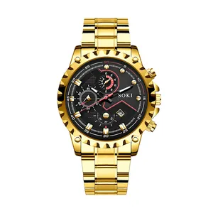 SOKI men's gold business quartz watch with black dial, calendar and metal strap