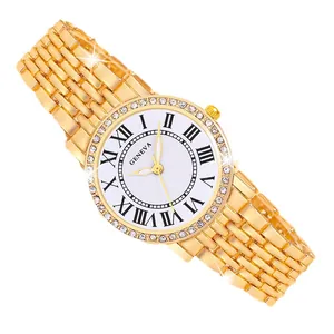 Elegant women's gold quartz watch with sparkling crystal bezel and roman numeral dial