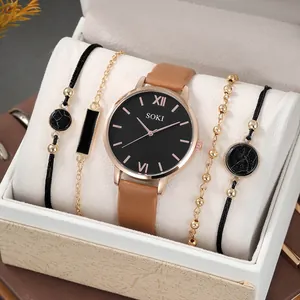 Coffret montre femme chic avec bracelet en cuir marron et quatre bracelets élégants