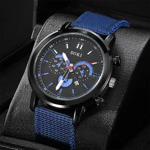 SOKI men's quartz sport watch with black alloy case and blue nylon canvas strap