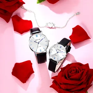 Quartz Couple Watch Set Heart Infinity Bracelet Leather Strap Roman Numerals Analog Wristwatches For Men Women Valentine Gift