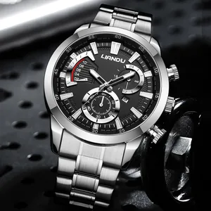 Men's fashion steel watch with black dial and three chronographs by LIANDU