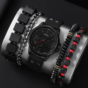SOKI Men's Sport Quartz Watch Set With Black Faux Leather Strap Round Alloy Case Decorative Bracelets Calendar Wristwatch Gift